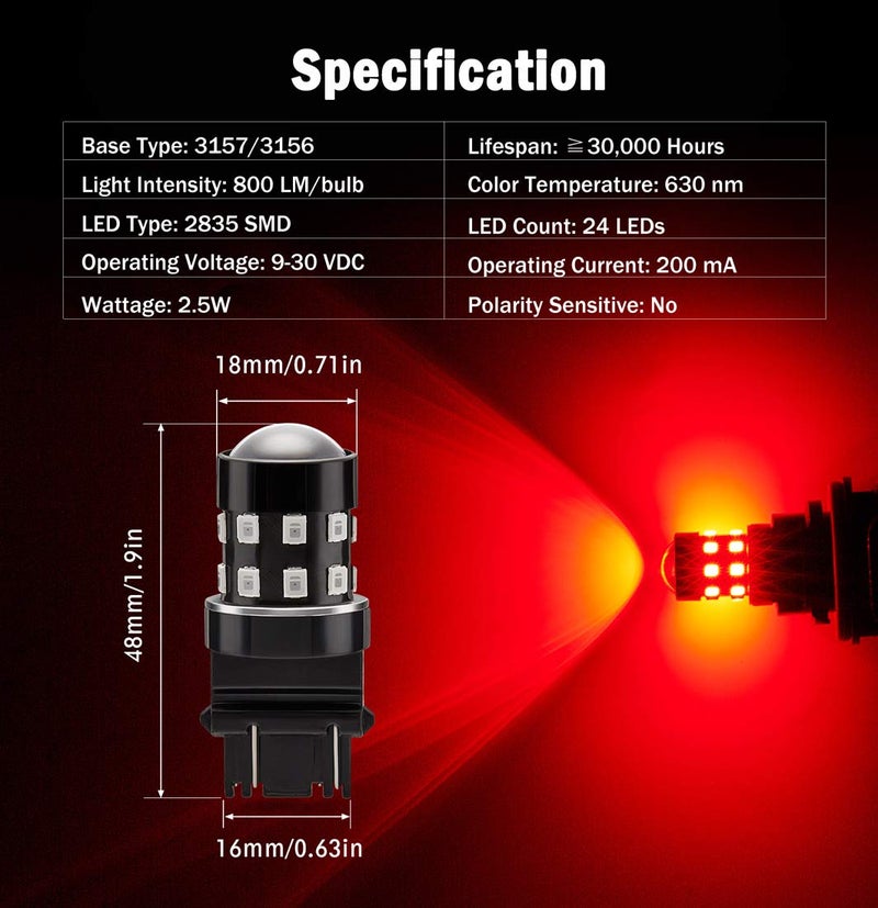 BRISHINE 4-Pack Super Bright 3157 3156 3057 4057 3157K LED Bulbs Brilliant Red 9-30V Non-Polarity 24-SMD LED Chipsets with Projector for Brake Tail Lights, Turn Signal Lights - Image 2